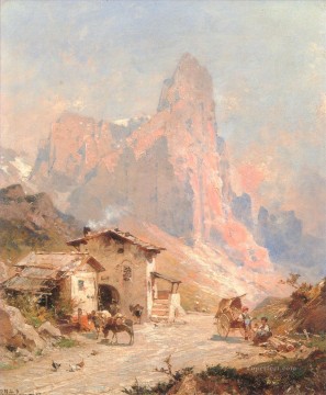 フランツ・リヒャルト・ウンターバーガー Painting - ドロミテの村の風景の人物たち フランツ・リヒャルト・ウンターベルガー